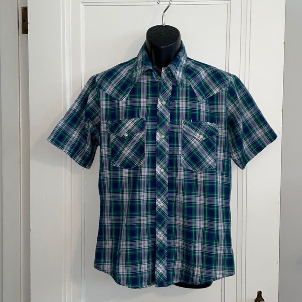Vtg 70s Rappers‎ blue & green plaid snap up western shirt